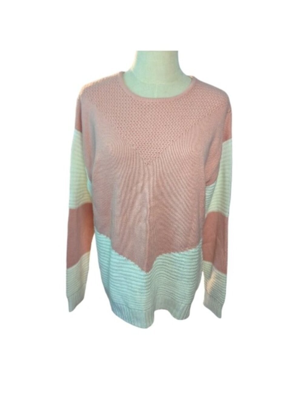 Rose Pink and White Colorblock Women's Sweater Large Retro